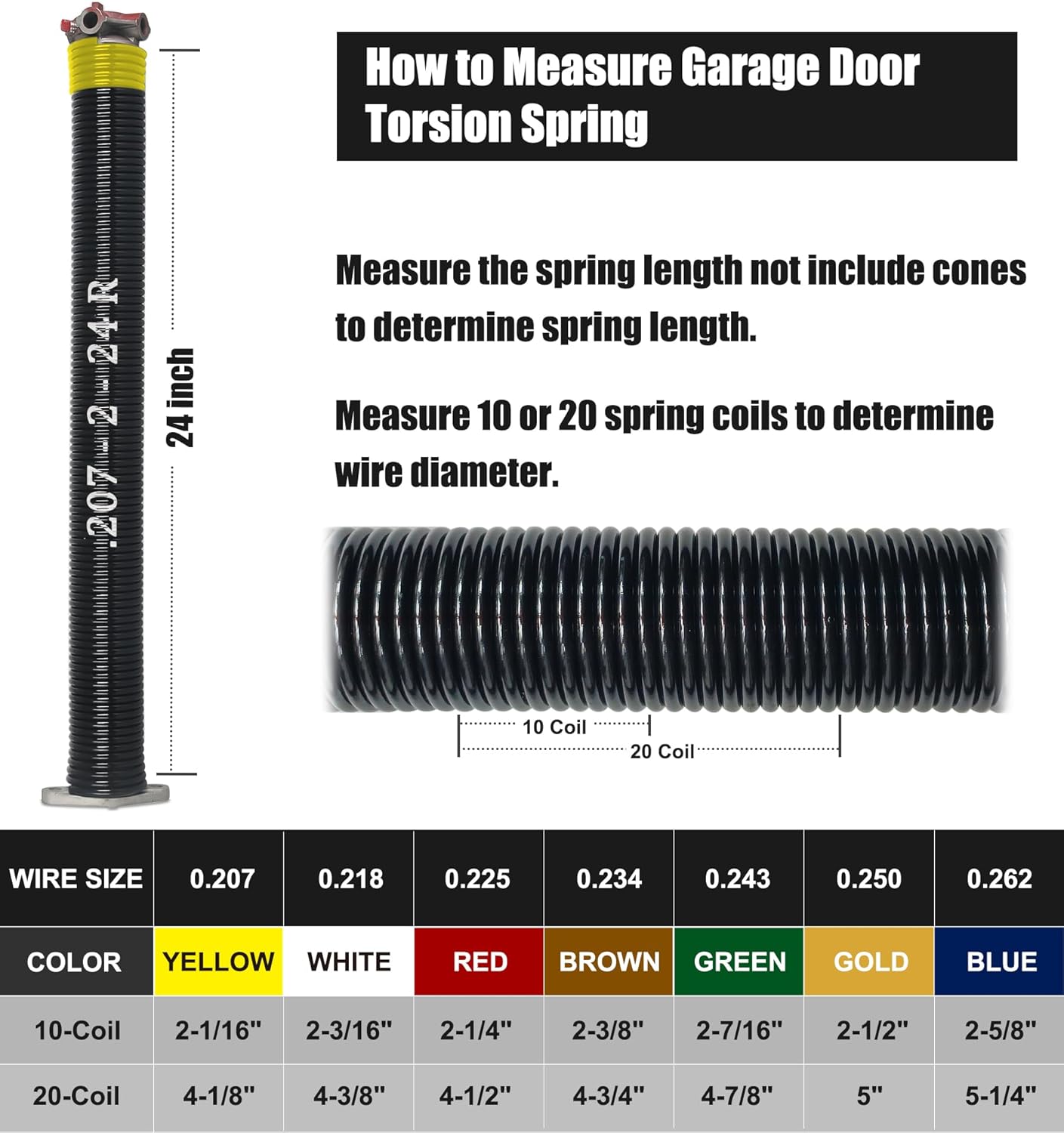 Garage Door Torsion Spring Set, Pair of 2" Electrophoresis Coated Garage Door Springs Replacement with 2 Non-Slip Winding Bars and Bearing, Minimum 16000 Cycles (.207x2x24)