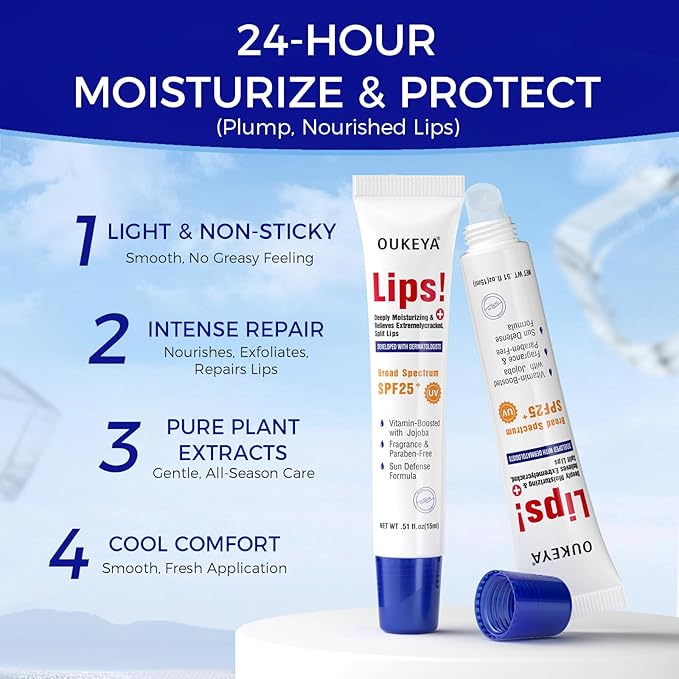2PCS, Medicated Lip Balm w/Organic & 100% Natural Ingredients, Squeeze Tube Lip Butter SPF 25+ Long-Lasting Moisturizing Overnight Lip Mask Gentle Exfoliation Extreme Dry Lips Treatment