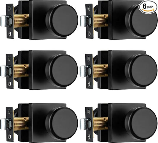 6 Pack Black Door Knobs with Square Rosette, Interior Door Handles for Bath & Bed, Heavy Duty Door Knob with Lock