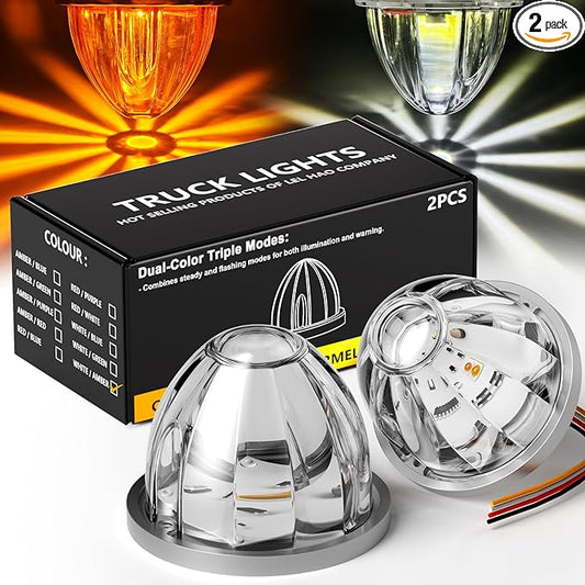 2-Pack Dual Color Watermelon Lights with Strobe & Steady Lighting, Clear Lens Amber/White LED Side Marker Turn Signal Lights for Truck Trailer RV Off-Road Vehicle