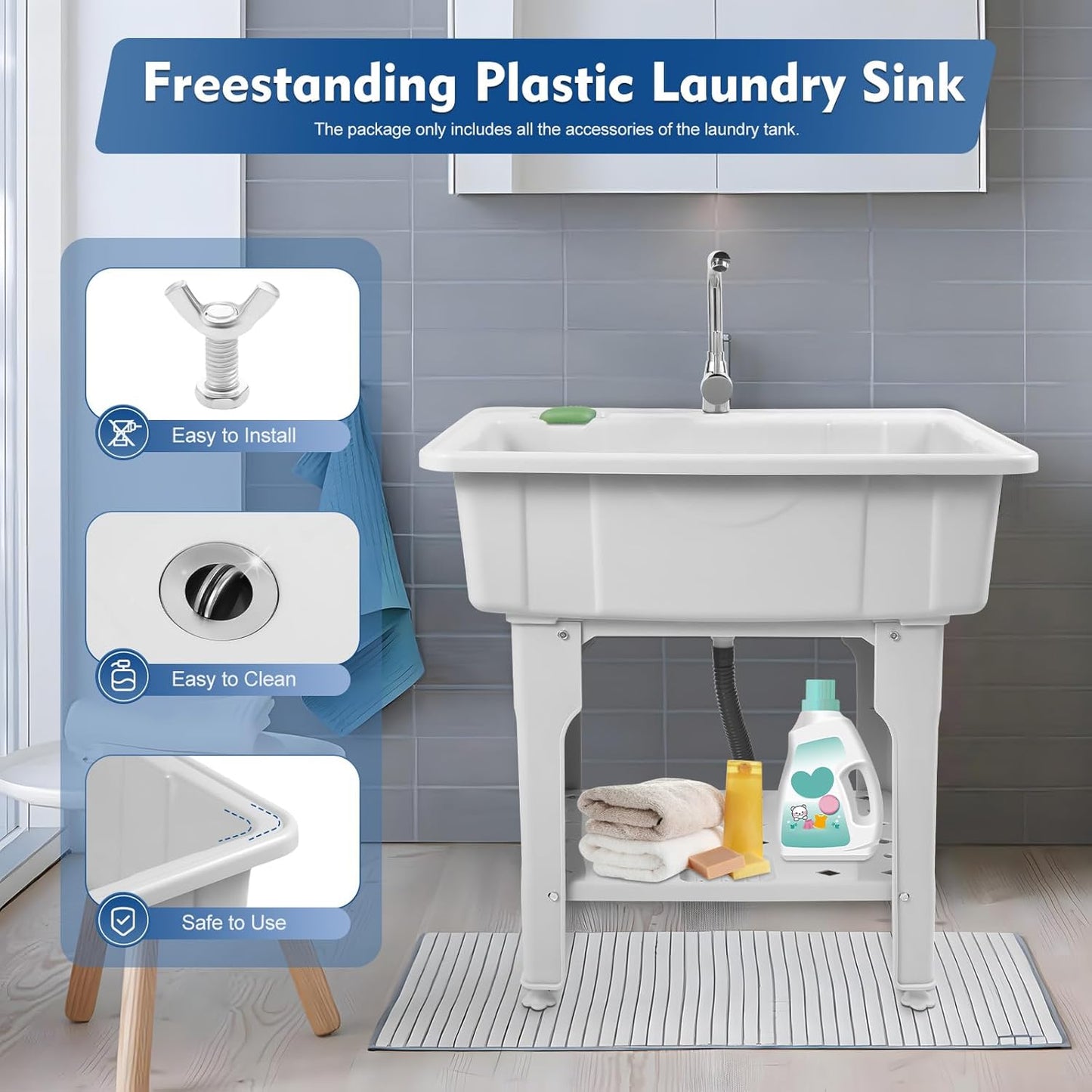 Freestanding Utility Sink Plastic Laundry Tub Spacious Sink with Storage Shelf Indoor Outdoor Wash Station for Bathroom Washing Room (Gray, 31.5*22.05*31.5in)
