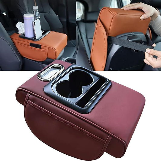 Car Armrest Cushion,5-in-1 Center Console Cover with 2 Storage Bags Cup Holder, Tissue Box Slot, Phone Slot for Car Sedans,Car Interior Accessories for Most Vehicle, SUV, Truck,Cars (Claret)