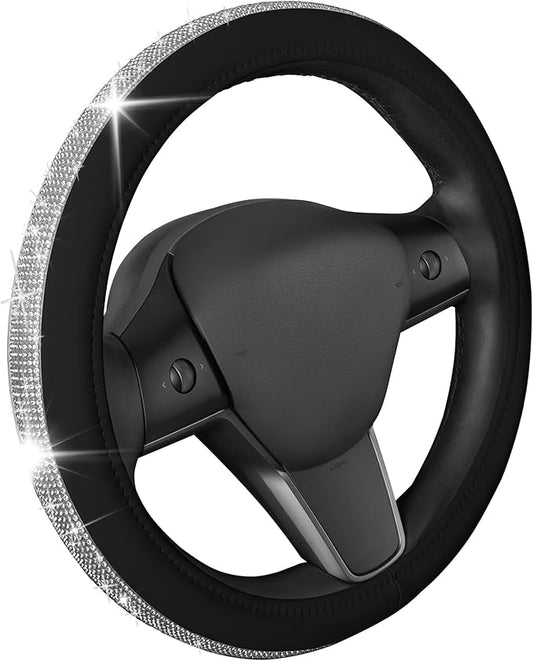 Carbella Leatherette Crystal Bling Steering Wheel Cover for Car SUV, Glitter Sparkle Rhinestone Cute Car Accessories for Women Universal Fit Standard Size (Fits 14.5"-15") - Black w/ Silver Bling