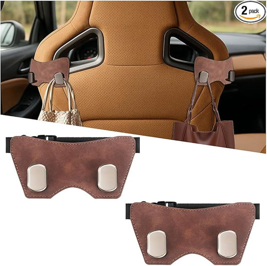 Car Headrest Hook, 2PCS Suede Vehicle Back Seat Storage Hanger with Double Metal Hook, Automotive Seatback Organizer for Purse Handbag Coat, Compatible with Most Sport Seat (Brown)