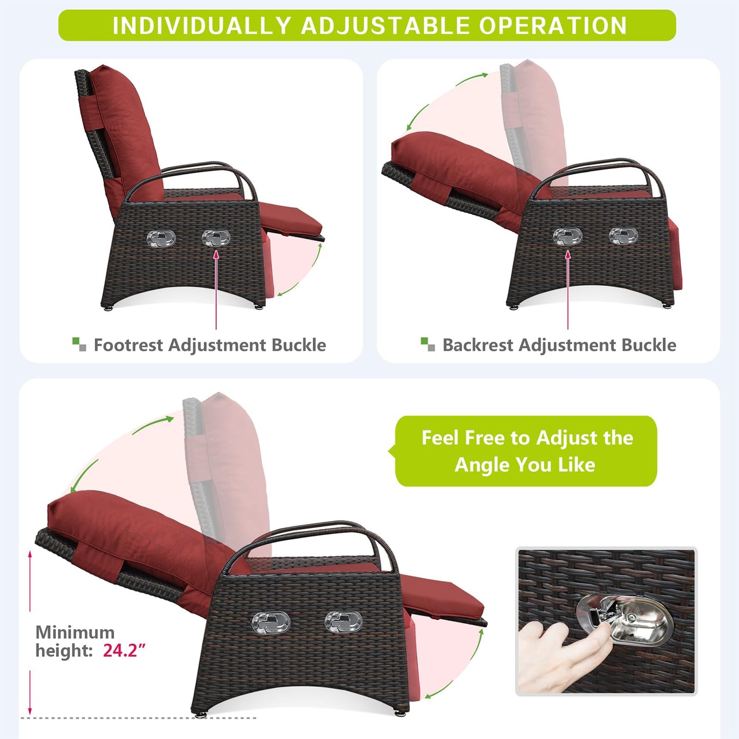 ATR ART TO REAL Outdoor Recliner Chairs, PE Wicker Reclining Lounge Chair with Removable Soft Cushion, Adjustable Outside Recliners for Patio, Porch, Poolside, Balcony, Lawn (Red, 2 PCS)