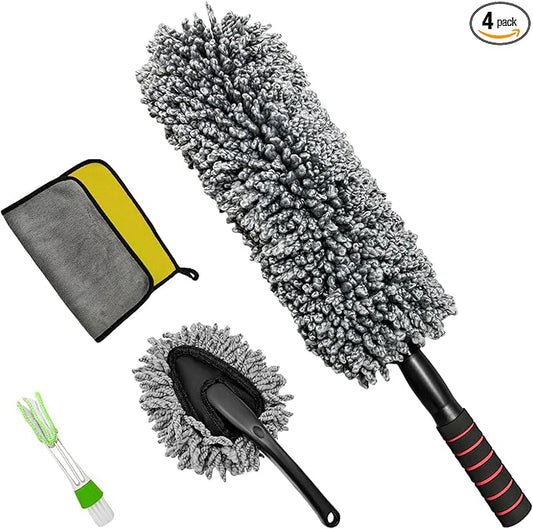4 PCS Car Duster Kit, Microfiber Scratch Free Multipurpose Cleaning Duster with Extendable Handle, Washable Interior & Exterior Auto Dusting Tools for Cars Trucks SUVs RVs