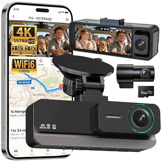 4K+2.5K+2.5K 3 Channel Dash Cam - Front/Rear/Inside - 5.8GHz WiFi 6 Dashcam with IR Night Vision, 64GB Card, 24H Parking Mode, G-Sensor - Car Dash Cam for Rideshare & Taxi