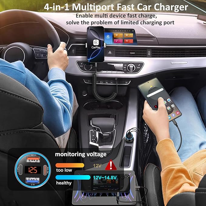 65W Car Charger USB C Fast Charger for iPhone 17/16e/15 Pro Max, 4-Port Dual USB-C&USB-A Fast Charging Cigarette Lighter Adapter with Voltage Meter QC+PD 3.0 Car Phone Charger for Galaxy S25 S24 A16