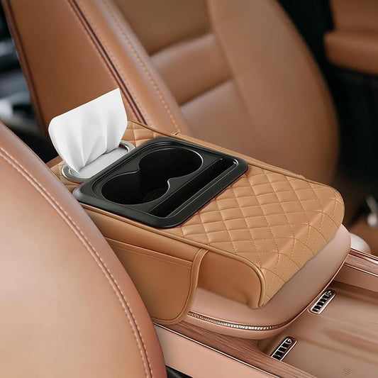5-in-1 Car Armrest Cushion, Multifunctional PVC Leather Center Console Armrest Pillow Elbow, Universal Arm Box Pad Cover with Cup Holder, Phone Slot, Tissue Box Slot & 2 Storage Bags, Orange