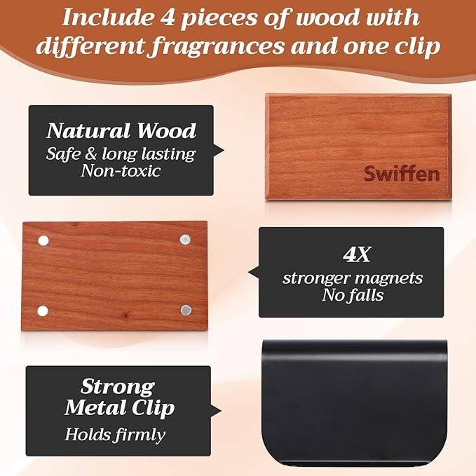 4 Pcs Car Wood Air Freshener Tectona Grandis Wood Fragrance Automotive Odor Eliminator for Visor Clip Vehicle Scent Diffuser with Scent Refill, Clip Included