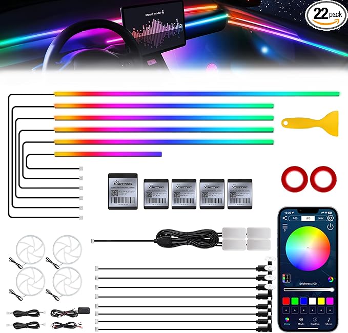Dreamcolor Acrylic Interior Car LED Strip Light with Wireless APP, Dual Zone RGB 22 in 1 with 175 inches 600 LEDs Fiber Optic Ambient Lighting Kits, Music Sync Neon LED Strip for Car Accessories