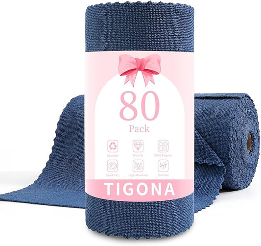 80 Pack Microfiber Cleaning Cloth Roll,Lint Free Rags & Tear Away Reusable Towels Washable Scratch,Ultra Absorbent Dish Rags(12" x 12") for Car Kitchen Home Garage-Navy Blue