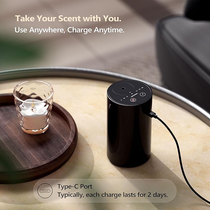 Waterless Diffuser for Essential Oil, Battery Operated Nebulizer, 0.7 Fl.Oz./ 20mL Capacity, Mini Scent Air Machine, 3 Countdown Timers & 3 Mist Levels for Home Room Car Office - AN8 Black 2Packs