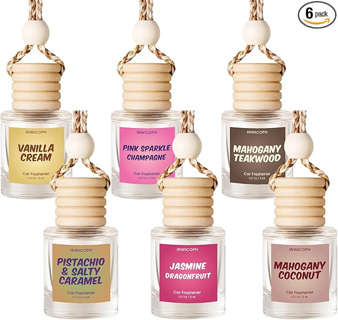 Car Air Freshener Diffuser 6 Pack Hanging Air Freshener, Vanilla Cream, Pink Sparkle Champagne, Mahogany Teakwood, Pistachio & Salty Caramel, Jasmine Dragonfruit and Mahogany Coconut Scents