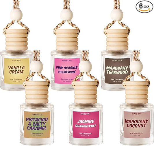 Car Air Freshener Diffuser 6 Pack Hanging Air Freshener, Vanilla Cream, Pink Sparkle Champagne, Mahogany Teakwood, Pistachio & Salty Caramel, Jasmine Dragonfruit and Mahogany Coconut Scents