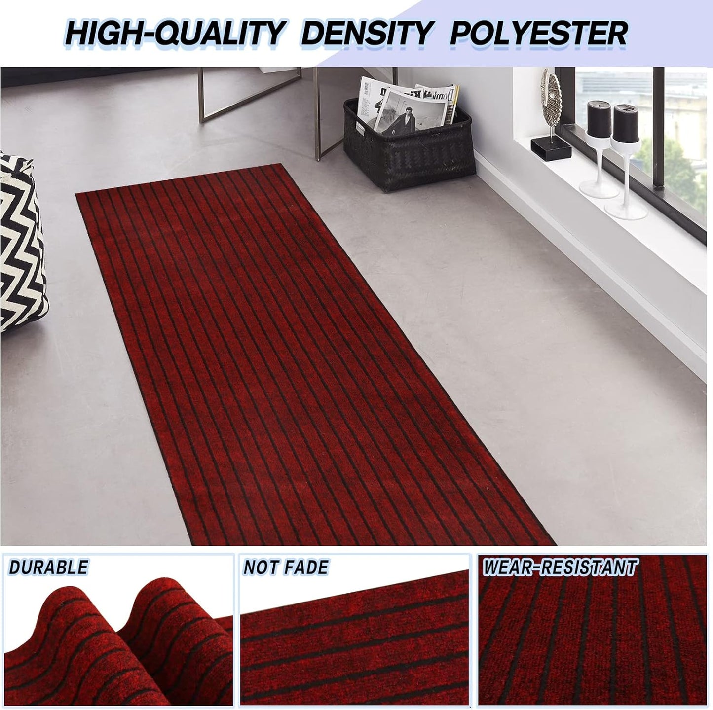 Custom Size Backed Non-Slip Area Rugs Runner, Easy Clean, Waterproof Runner Rugs for Hallway Entryway, Kitchen, Laundry, 2FT x 61FT, Red Stripe