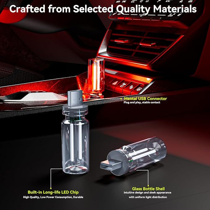 4 PCS USB Night Light, Touch Dimmable Mini USB LED Car Interior Ambient Lights, Portable Plug-in Glass Bottle Night Lamp for Car, Tent, Desk, Bedside (4 Red)