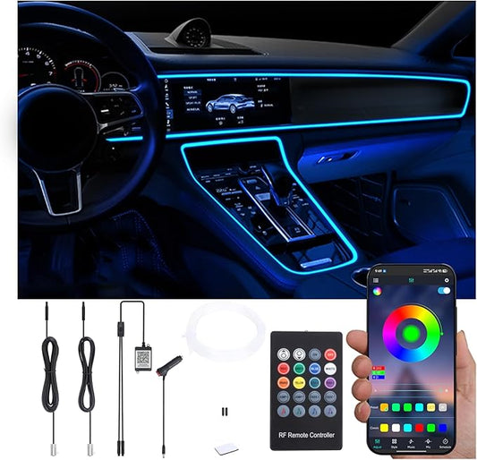 Car Ambient Lighting Optic Fiber 64 Colors Music Sound Active with RF Remote Controller + APP Control Car Decorative Atmosphere Lighting Kit DC 12V 1W 3m