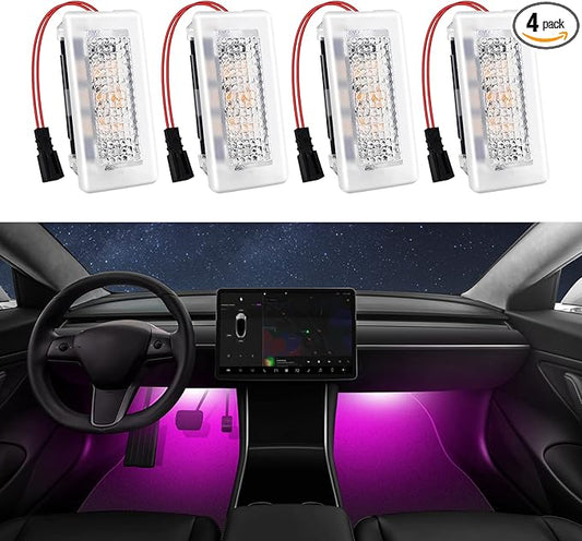 4 Pcs Interior LED Lights Bulbs Kit Compatible with Tesla Model 3, Y, X, S, Super Bright Replacement Light Bulbs for Footwell, Door Puddle, Trunk, Frunk - for Tesla Accessories (Pink)