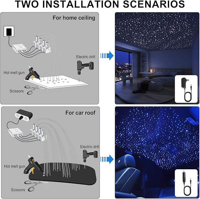 Split 4 Colors 12W Car Starlight Headliner Kit 860pcs*0.02in*9.8ft with APP&RF Remote,RGBW Fiber Optic Strands Star Roof Lights,4 Port Engine Sound Activated Star Ceiling Lights for Car/Home Decor