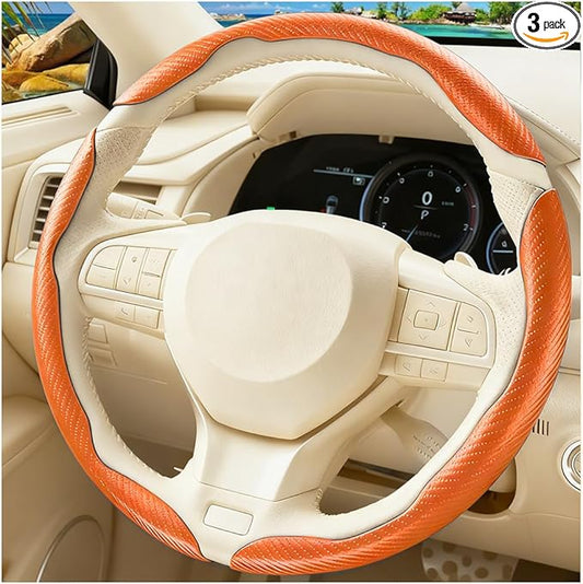 3PCS Carbon Fiber Car Steering Wheel Cover, Leather Segmented Anti-Skid Steering Wheel Protector, Snap on Automotive Interior Protection Accessories, Universal for Vehicles (Orange)
