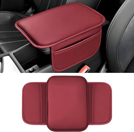 Car Center Console Cover, 11.6"×8.3" Leather Car Armrest Cushion Pad with 2 Storage Pockets, Comfortable Arm Rest Box Cover Mat for Most Vehicles, Universal Interior Accessories (Wine Red)