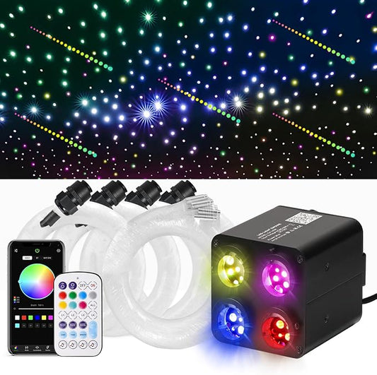36W 4-Color Twinkle&RGBW Meteor Starlight Headliner Kit, 2-in-1 Fiber Optic Light Engine with APP Control, 1200pcs0.03in13.1ft Shooting Star Ceiling Lights, Sound-Activated Star Sky Decor for Car&Home