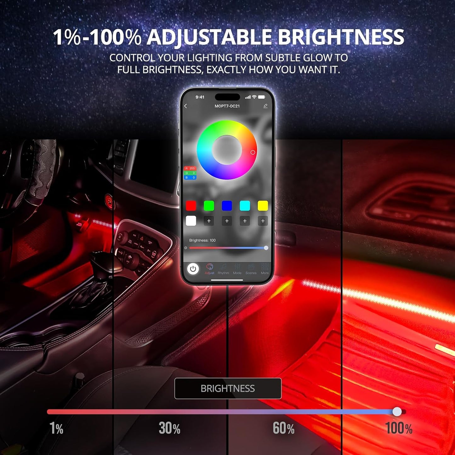 OPT7 Aura Pro 4PC Double LED Interior Car Strip Lights with APP & Remote Control, Multicolor Mode, Sound Active Neon Accent Lighting Kit, Footwell Floor Inside Decor Accessories, 12V Charger Adapter
