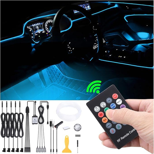6 m Optic Fiber Car Ambient Lighting Kit RF Remote Control 64 Colors Multicoloured Music Interior Footwell Lighting Kit 12V 1W