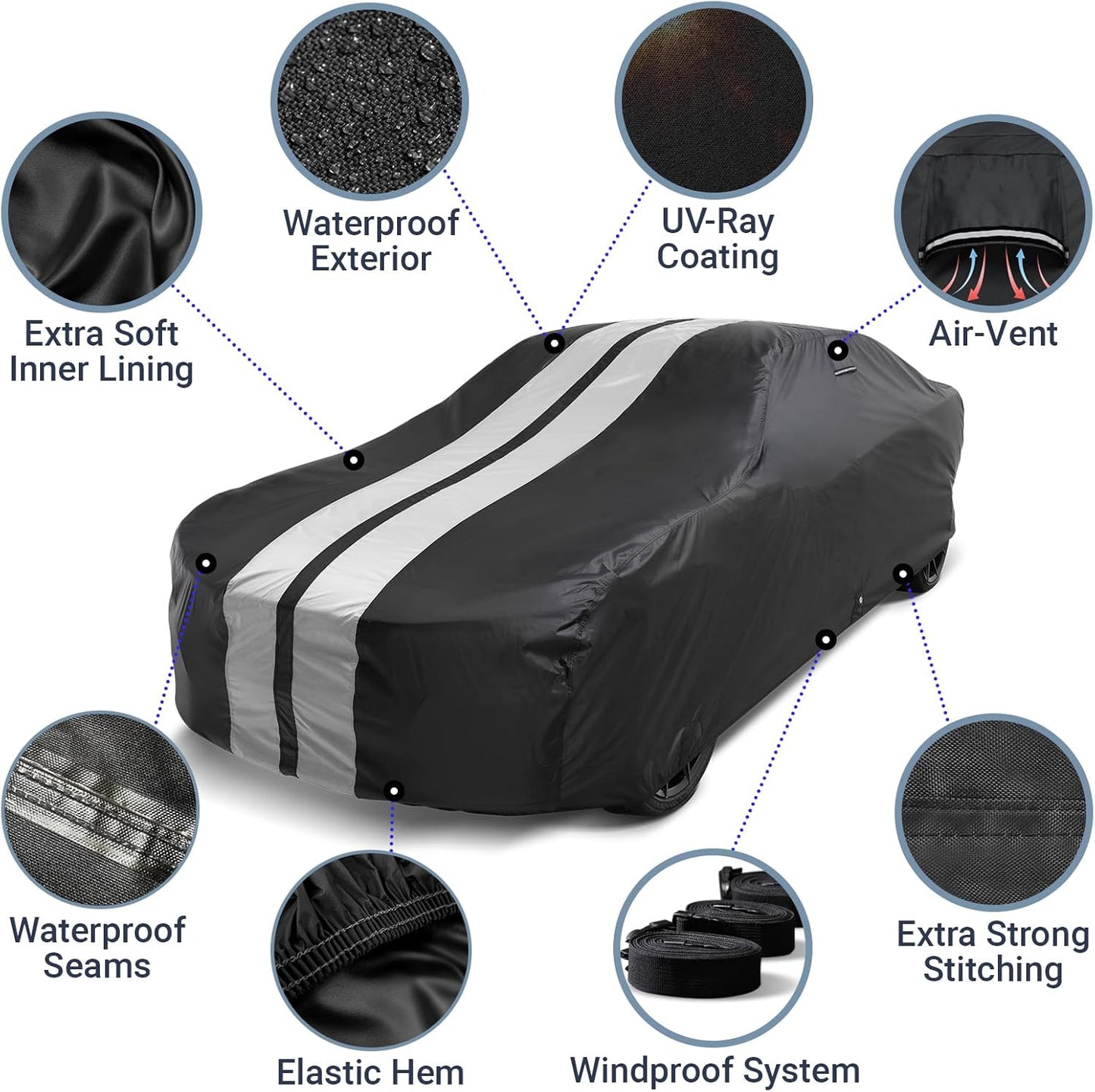 iCarCover Custom Car Cover for Chevy Fleetline (1941-1952) Waterproof All Weather Rain Snow UV Sun Protector Full Exterior Indoor Outdoor Car Cover (Stripe - Black/Gray)