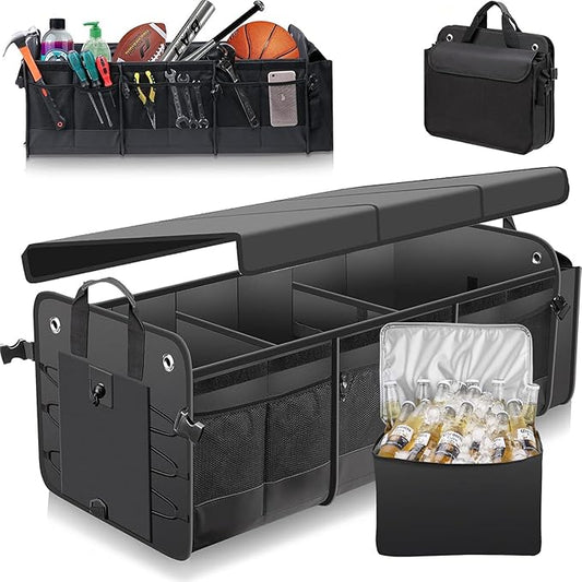 Car Trunk Organizer with Lid & Removable Leakproof Cooler Bag，Foldable Cover,Large Trunk Organizers,Multi-Compartment Collapsible Cargo Storage Organizer for SUV,Van,Truck,Sedan(3 Compartments,Black)
