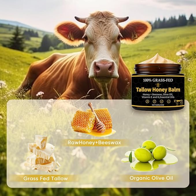 Eloix Beef Tallow for Skin, Noluria Organic Grass-Fed Beef Tallow Balm,Tallow and Honey Balm with Raw Honey, Olive Oil - Body & Face Moisturizer, Soothes and nourishes for Dry & Sensitive Skin