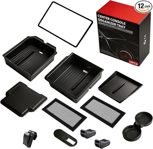 Center Console Organizer Tray for Tesla Model Y Juniper Accessories 2026 and Model 3 Highland Accessories 2024 2025 2026 for Tesla Accessories Cup Holder Matte Black (12PCS-My Juniper 2026+)