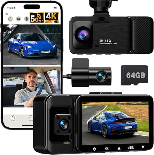 4K Dash Cam Front and Rear Inside, 3-Channel Cars Camera Dash with 170° Wide Angle, Free 64GB SD Card, 5.8GHz WiFi, Night Vision, G-Sensor, Loop Recording, Parking Monitor, USB C, Max 256GB