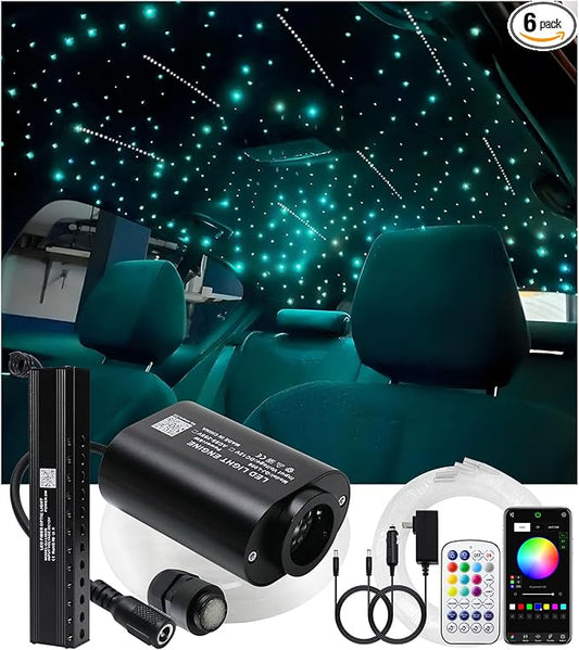 6W Mini Size RGBW Twinkle+White Meteor+Music Sync APP Fiber Optic Lights Kit, Shooting Star Fibers+600pcs 0.03in 9.8ft/3m Fibers APP Fiber Optic Star Light for Home/Car Headliner Starlight