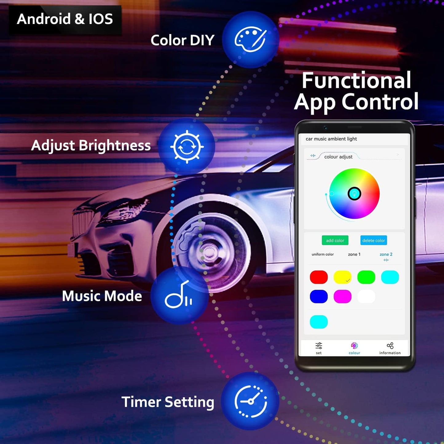 Dreamcolor Acrylic Interior Car Lights, 2 Piece 43.3inch/110cm 128 Colorful Car LED Strip Light RGB Fiber Optic Rainbow Ambient Lighting bar, Universal Decoration Dynamic Atmosphere Neon Lights