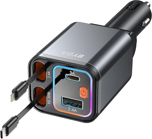 4 in 1 Retractable Car Charger,69W USB-C Fast Car Charger, for iPhone 17/16/15/14/13/12/11, Android,Pixel,Cigarette Lighter Charger (for Type C+Apple &RGB[Grey])
