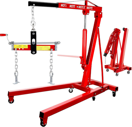 4400 Lbs Folding Engine Hoist Cherry Picker, 2 Ton Engine Hoist with Lever, with 6 Casters, 8 Ton Hydraulic Pump 4 Adjustable Position, Engine Crane for Garage, Workshop, Repair(Red)