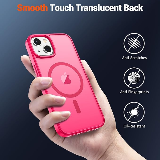 SUPFINE Magnetic for iPhone 15 Case (Compatible with MagSafe) (Military Grade Drop Protection) Slim Translucent Matte Shockproof with Anti-Fingerprint Phone Case,Hot Pink