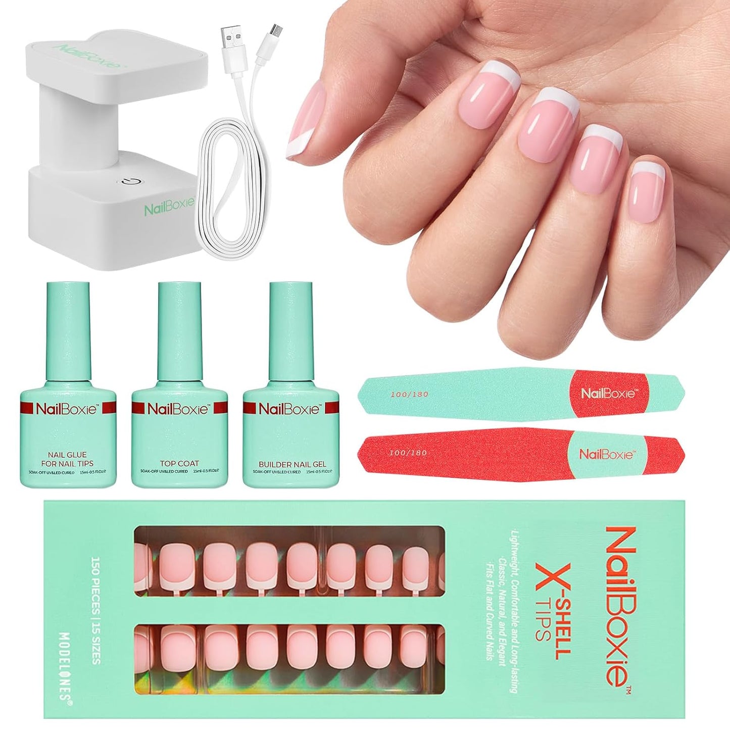 Modelones Gel Nail Kit, Top Coat, Nail Builder Gel, Press On Nails Kit with LED Light, 150 PCS Short Pink Square, 15 Sizes French Tip Press on Nails, Pre-Colored Nail Tips for Easy DIY Nail Art