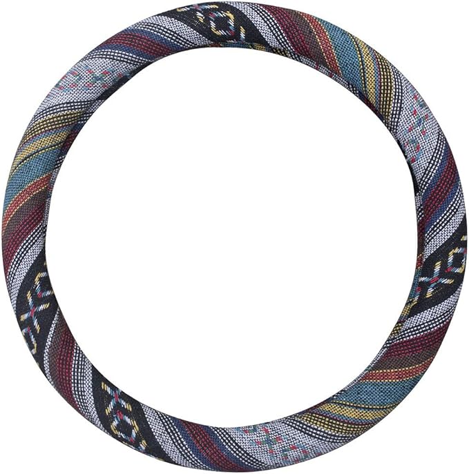 Large Ethnic Style Coarse Flax Cloth Automotive Steering Wheel Cover Anti Slip and Sweat Absorption Auto Car Wrap Cover (15.25''-16'', E)