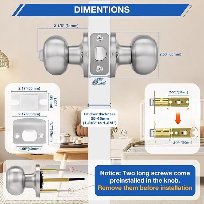 Plustool 6 Pack Brushed Nickel Door Knobs,Privacy Door Knob with Lock, Interior Doorknobs Silver, Keyless Door Locks Set for Bedrooms Bathrooms, Reversible for Left/Right Door Handle
