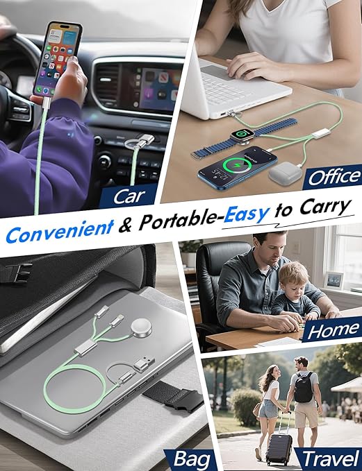 2Pack Multi Charging Cable Cord for Travel Essentials,Apple Watch Charger,iPhone Charger,[3-in-2] Type C/L Cable Portable Designed for iWatch,iPhone 17-8,Galaxy S25-21,AirPods,iPad-4FT Green