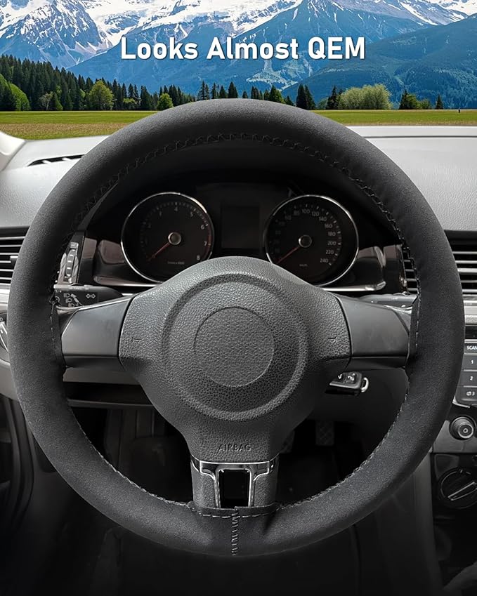 BELINOUS Suede Leather Steering Wheel Cover, DIY Stitch-On Steering Wheel Wrap with Needle & Thread, Non-Slip & Sweat-Absorbing, Universal Fit for 13.75-16 Inch (Size S5, Black)