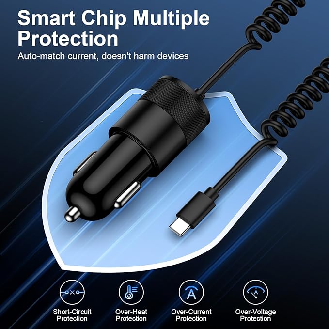 Samsung A17 Type C Fast Car Charger with 3ft USB C Coiled Cable for Galaxy S26/S25 Ultra/A16/A56/A15/A55/A35/A54/A14/A13 5G/Z Fold7/Pixel 10a/10/9 Pro/iPhone 17, 3.4A Android Car Phone Charger Adapter