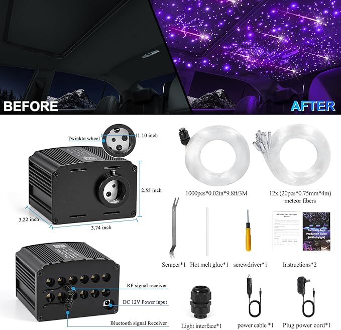 Car Starlight Headliner Kit, 16W Twinkle & Meteor Star Ceiling Lights, 2 in 1 Fiber Optic Light Engine 1000pcs*0.02in*9.8ft+240 RGBW Shooting Stars Lights for Car Home Roof Décor