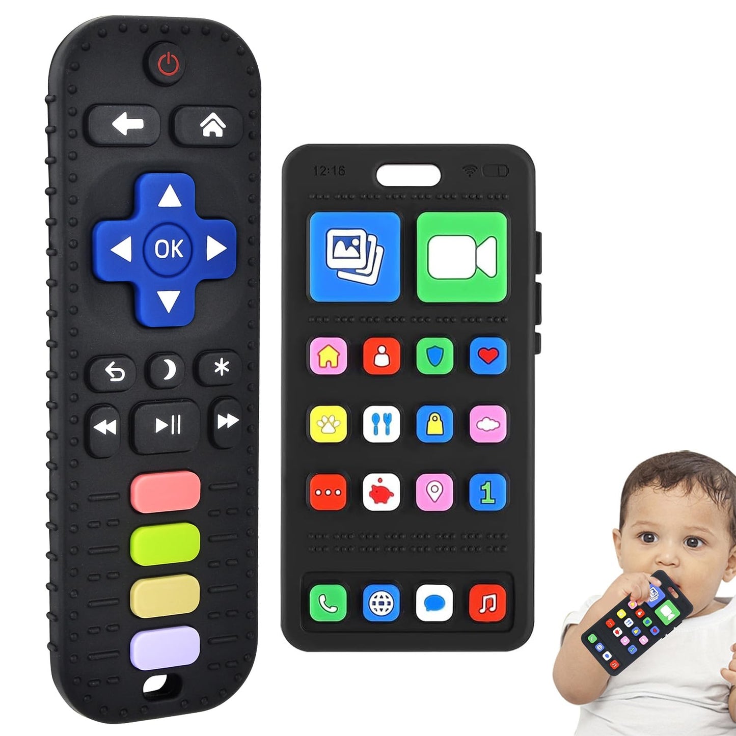 Baby Silicone Teething Toys, Phone and Remote Teether Toys for Toddlers 3-18 Months, Boys Girls Babies Teething Toy, Baby Chew Toy, Freezer BPA Free