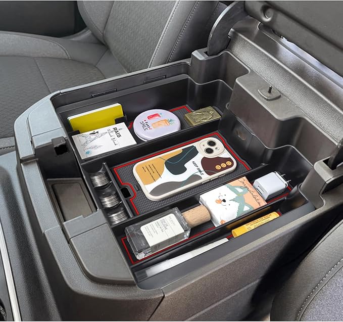 PIMCAR Full Size Console Armrest Organizer Compatible with 2019-2022 Chevy Silverado/GMC Sierra 1500 & 2020-2023 Silverado/Sierra 2500 HD/3500 HD-Full Console w/Bucket Seats ONLY Red Trim