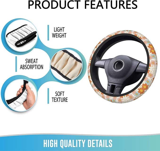 Elastic Steering Wheel Cover Car Accessories Cute Universal 15 Inch Absorbing Sweat Non-Slip Breathable for Woman - Colorful Daisy