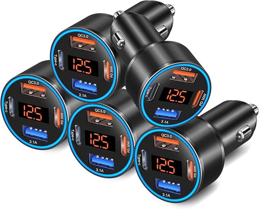 5 Pack Car Charger USB C, 65W Multi Port Dual 12V Cigarette Lighter USB Car Charger Adapter with Voltmeter PD/QC 3.0 Super Fast Charge Car Phone Charger for iPhone 17 16e 15 14 Pro Max Galaxy Android